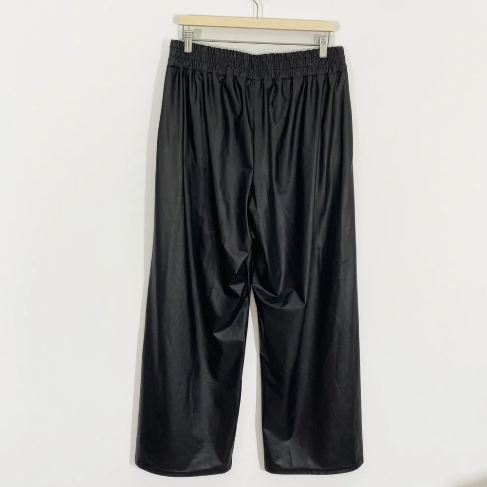 Aerie Offline Large Black‎ Wide Leg Pull on Vegan Leather Pants Elastic Waist - Picture 6 of 10